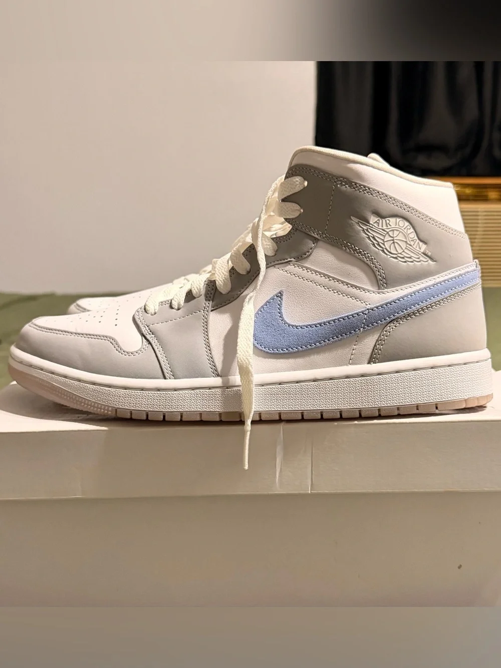 Jordan Mid Sneakers in White, Gray & Light Blue